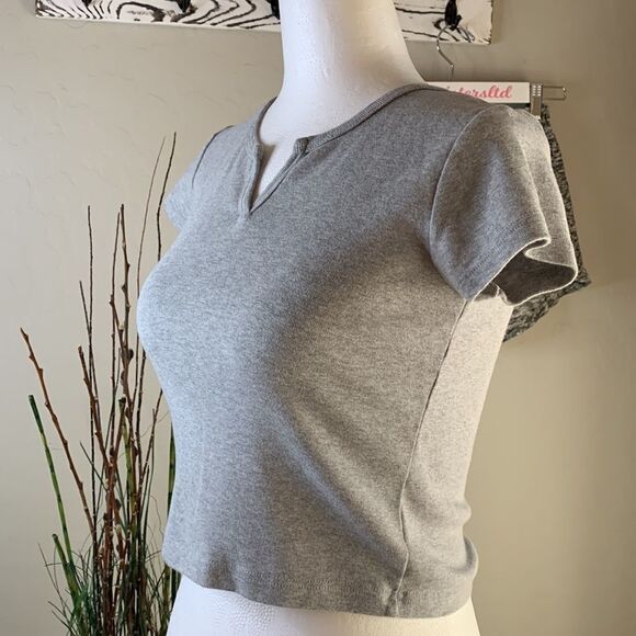 𝅺brandy Melville gray crop top V cut out at neckline short sleeves - Picture 2 of 13